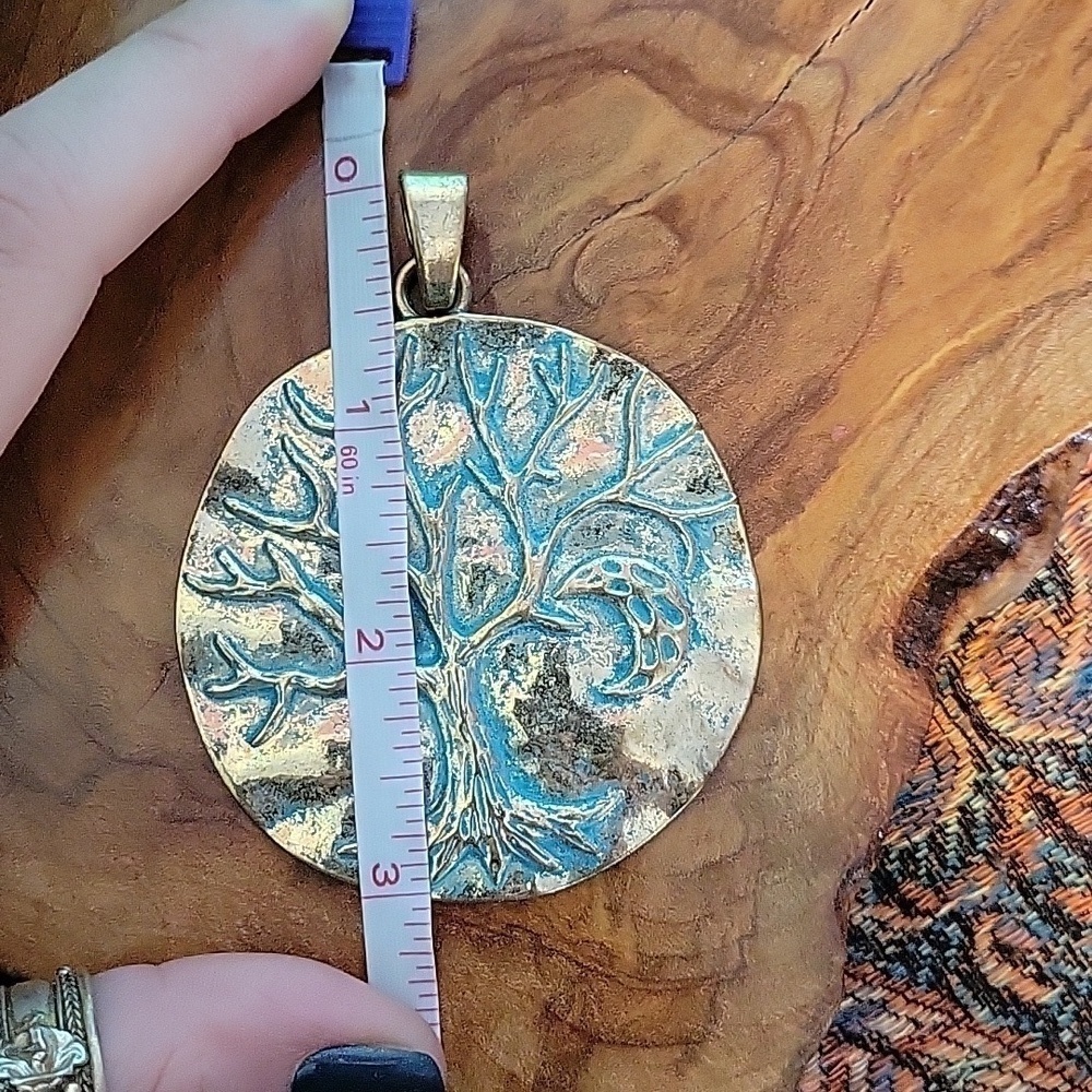 Pale Golden & Teal Colored Tree Of Life And Moon Bigger Pendant - Picture 5 of 7